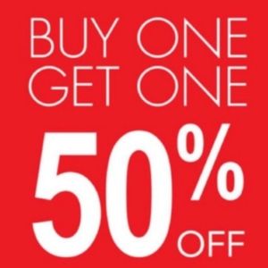 All clothes buy 1 get 1 50% off lesser item SATURDAY AND SUNDAY ONLY